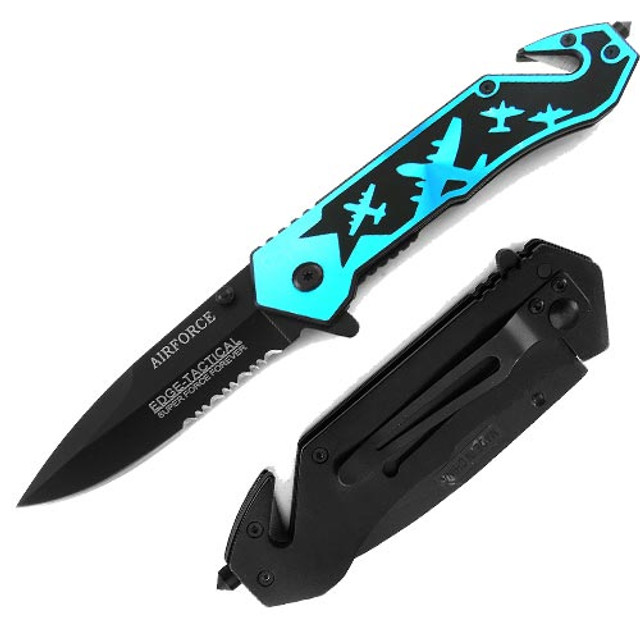 Emergency Tactical Folder Knife Spring Assist | Air Force Neon Blue