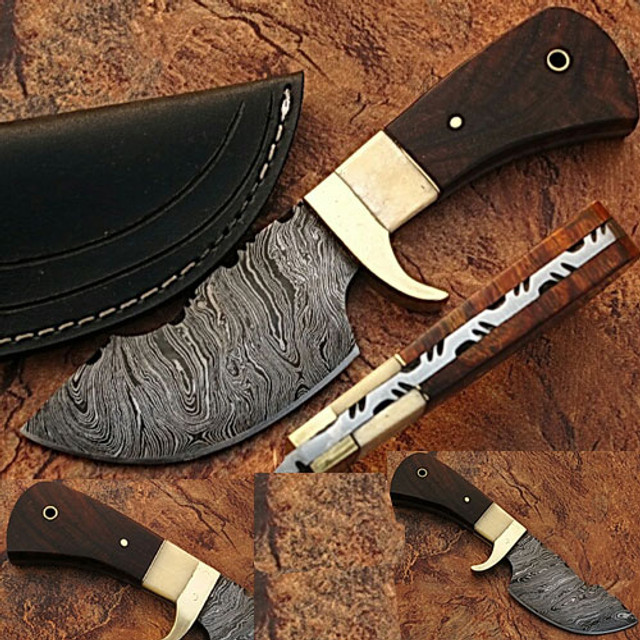 Damascus Steel Skinner Knife w/ Walnut Wood & Camel Bone Handle
