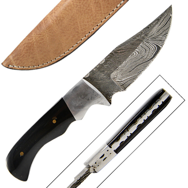 Custom Made Damascus Hunting Knife w/ Full Tang Buffalo Horn Handle