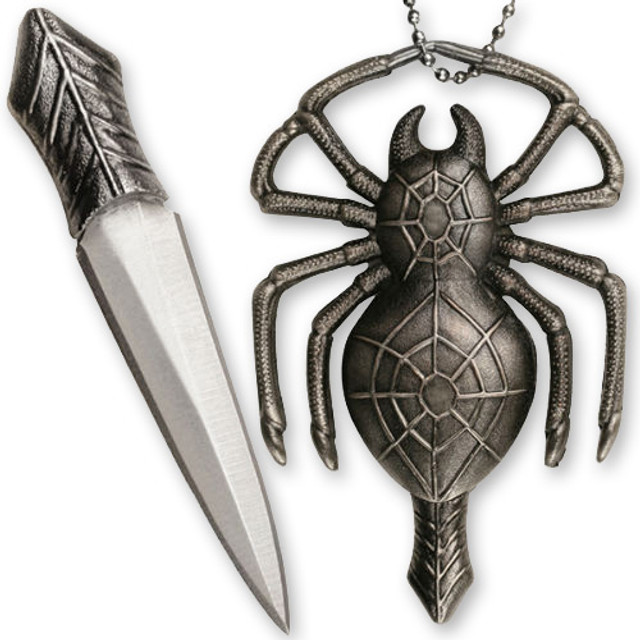 Deadly Spider Neck Knife Necklace Pendant w Ball Chain 2.25in Knife All Metal