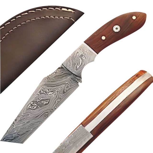 White Deer Damascus Steel Tanto Knife w/ Hardwood Handle