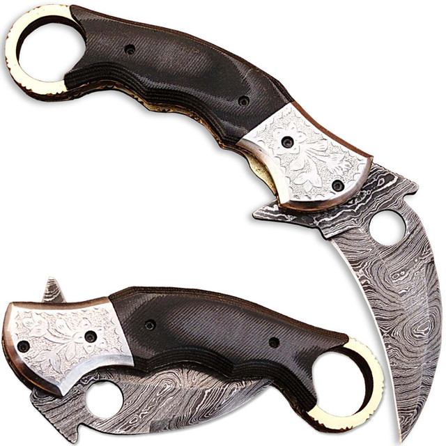 Ka-Rambo Damascus Folding Knife (Karambit) Micarta Handle