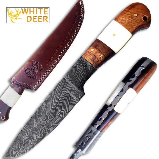 White Deer Custom Made Damascus Skinner  Knife w/ Full Tang Bone Walnut-Wood