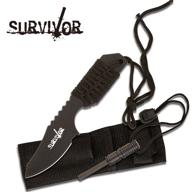 Survival Fire Starter Hunting Camping Knife w/ Flint Black Full