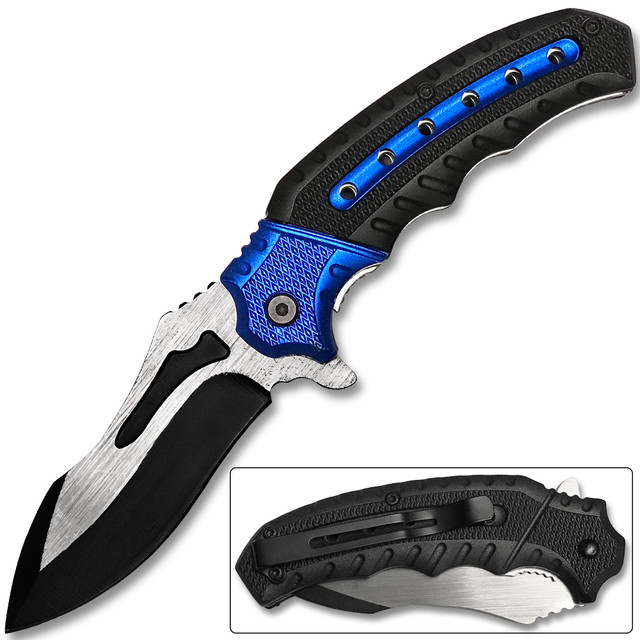 White Deer Tactical Knife Blue and Black Spring Assisted