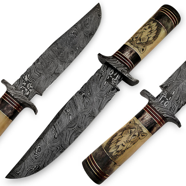 White Deer Damascus Steel 13" Alaska Mountains Wolf Bowie Knife Damascus Guard