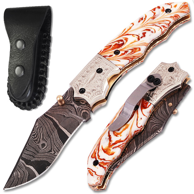 Executive Series Damascus Folder Knife White Copper Bolster Resin Handle