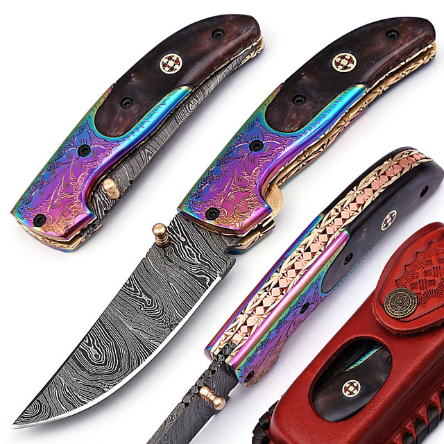 White Deer Executive Titanium Series Black Camel Bone Handle Damascus Folding Knife