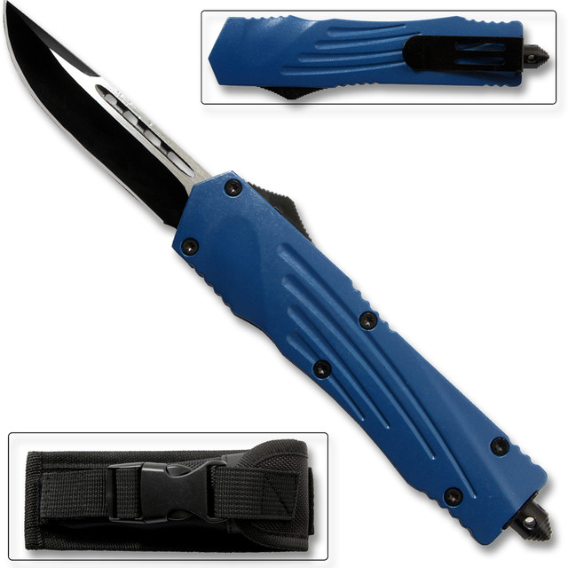 Blue Straight Edge  Flagship OTF Knife  Clip Point 
