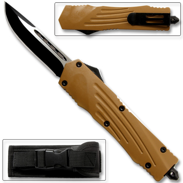 Brown Straight Edge  Flagship OTF Knife  Clip Point 
