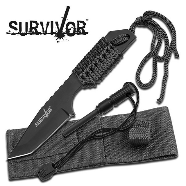  Fire Starter Hunting Camping Knife Black W/Flint - 5MM Thick Blade