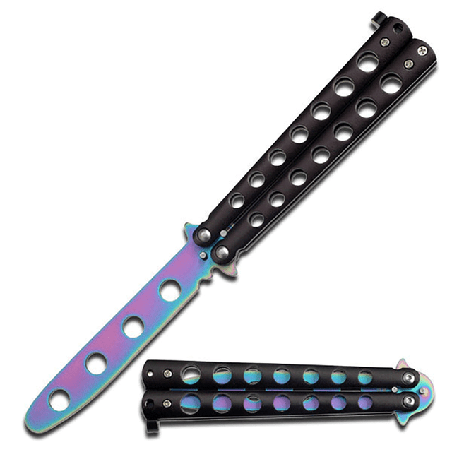  Balisong Butterfly Knife  Black Handle Rainbow Blade Training  for Martial art 