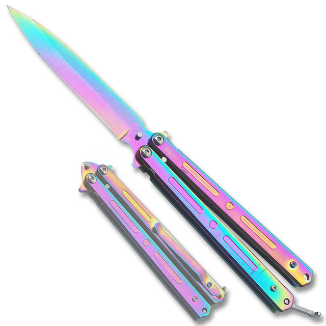 Unique Swift Rainbow Spear Point Single Edge Blade Balisong Butterly Knife 