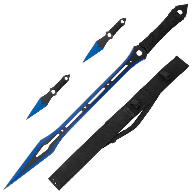 Blue Fantasy Ninja Warrior Sword 26 W/2 pcs Throwing Knife Set - Edge  Import