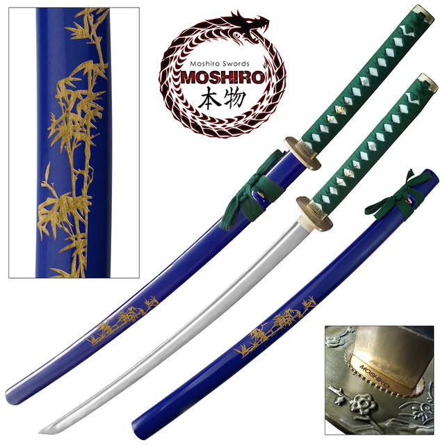 MOSHIRO 1045 Steel Handmade Katana With Bamboo Engraved on Blue Scabbard 
