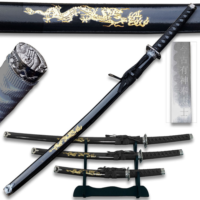 Black Carved Gold Dragon Sword Set With Stand Black Carved Gold Dragon Sword Set With Stand