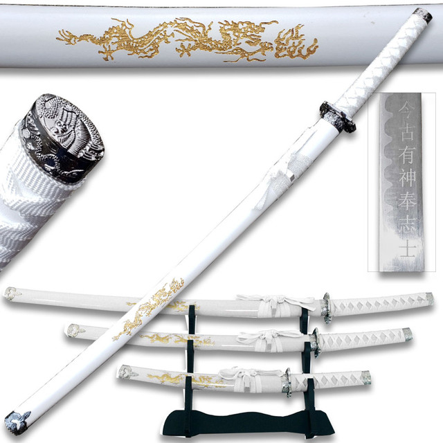  White Carved Gold Dragon Sword Set With Stand