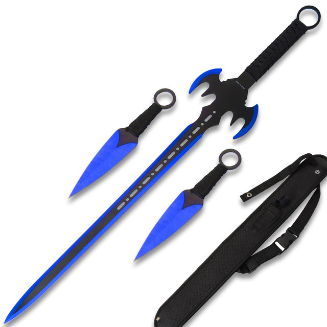 BLUE NINJA BAT WARRIOR SWORD 26.5" OVERALL 2 PCS THROWING KNIFE SET