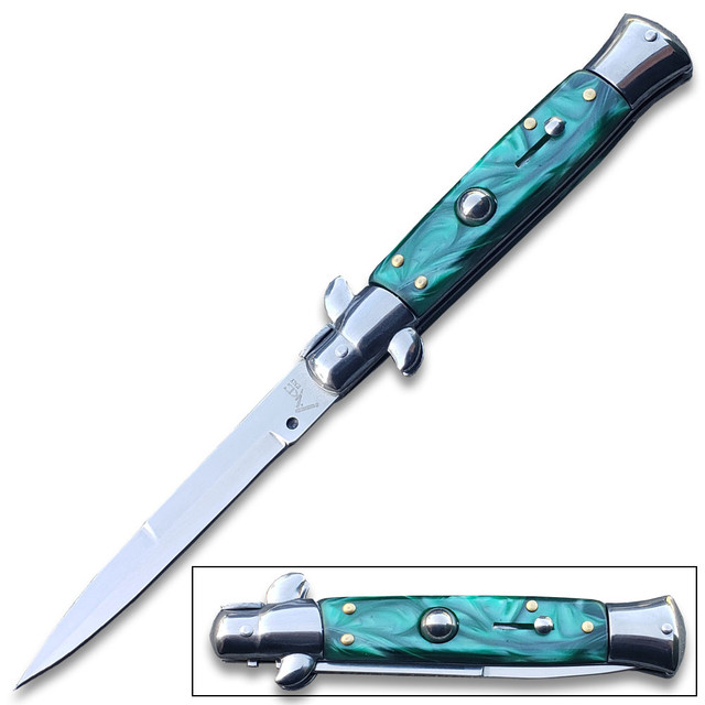 Green  White Pearl  Classic Stiletto Knife Green Pearl Handle 