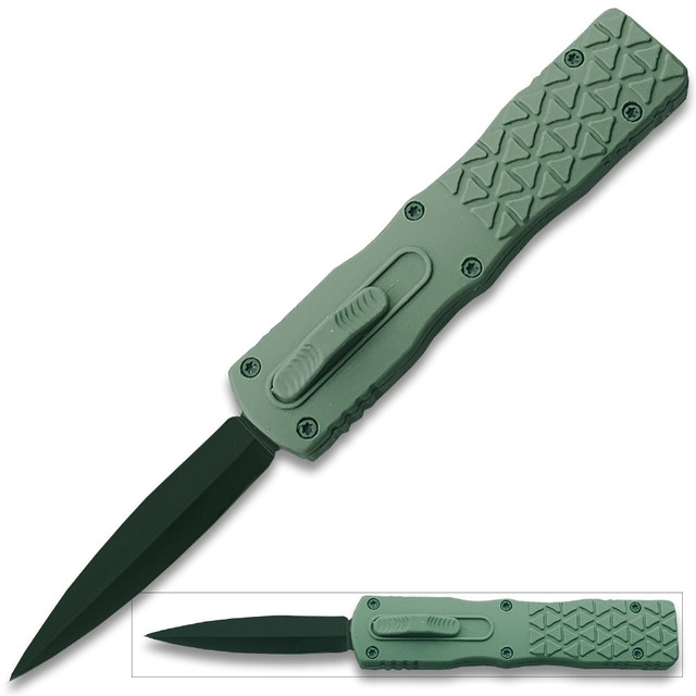 Green Micro OTF Stiletto Blade Knife Black Black Out The Front