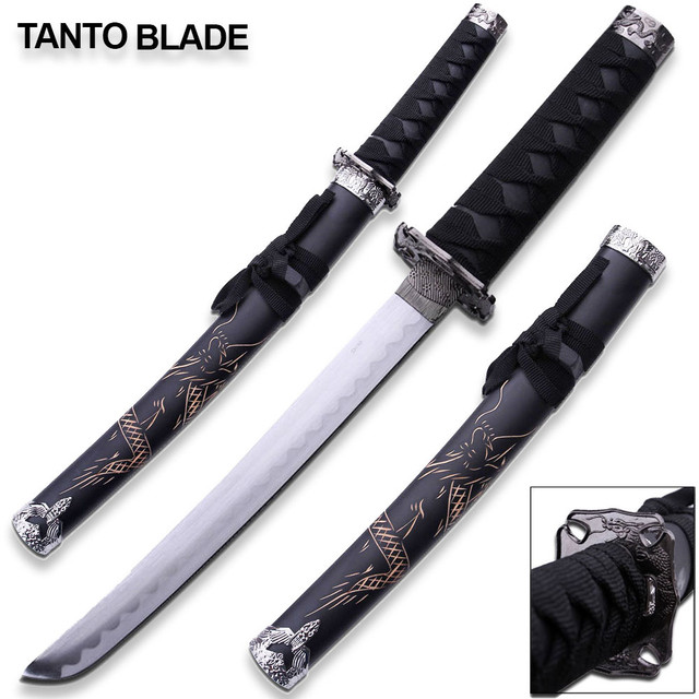  Edge Tanto Blade Black Dragan Engraved Scabbard Sword