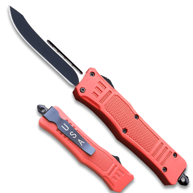 Red Legacy OTF Knife Drop Point, Single Edged Blade