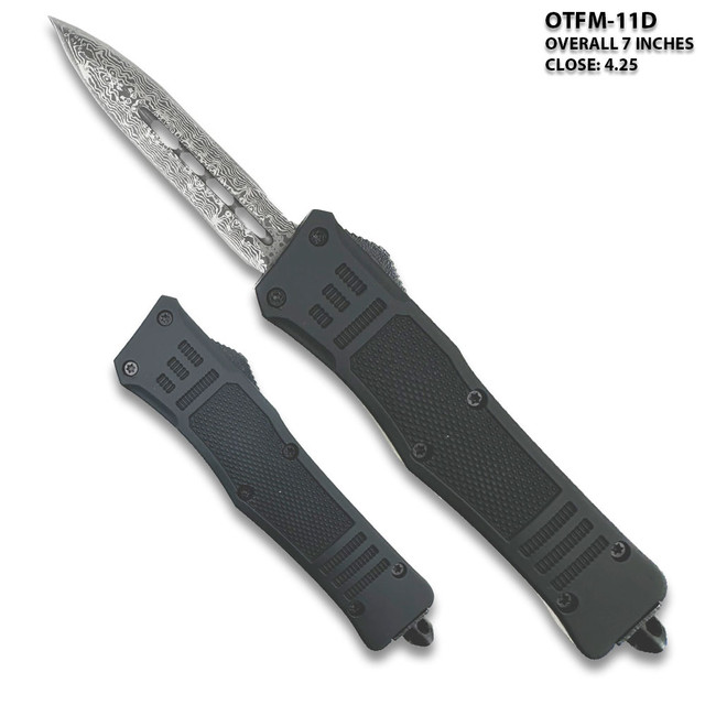 Black Legacy Edge OTF Knife Spear Point, Double Edged Damascus Pattern Blade 