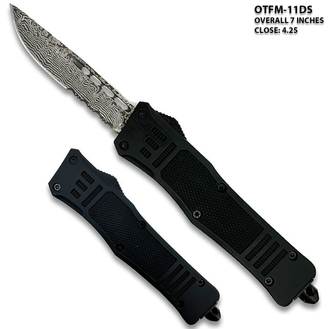 Black Legacy Edge OTF Knife Drop Point Half Serrated Edged Damascus Pattern Blade 