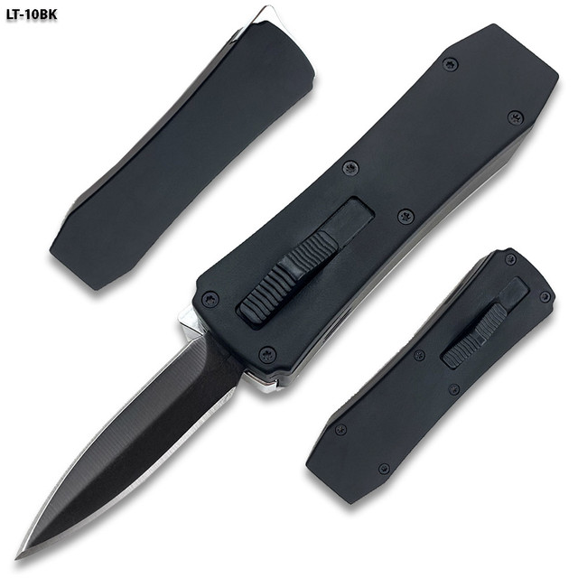 Butane Lighter OTF Knife Spear Point, Double Edged Black Blade