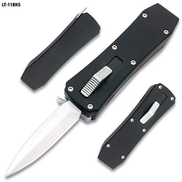 Butane Lighter OTF Knife Spear Point, Double Edged Black Handle