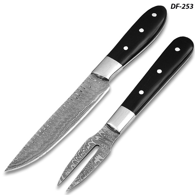 Paring Knife & fork Set Pro Chef Cutlery Damascus Steel Buffalo Horn Handle 1095 HC 