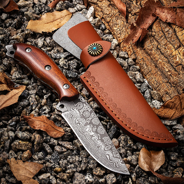 Damascus Pattern  Hunting Skiner Knife Wood Handle Sharp Edge  9 inches