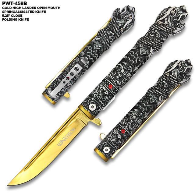 3rd Gen Highlander MacLeod Style Spring Assisted Knife Gold Blade