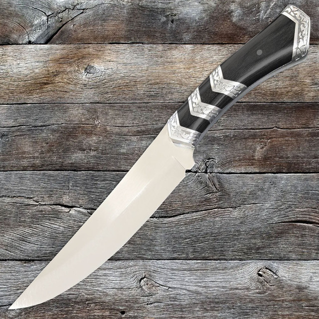 Silver Accent Fixed Blade Knife with Black Wood Handle