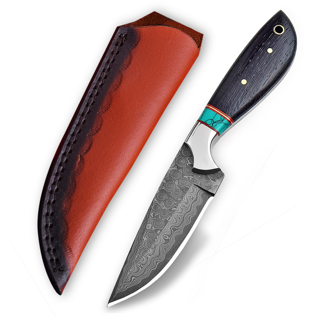 White Deer  Damascus 8" Hand Forge Fixed-Blade Skinner Hunting Knife with Wood & Turquoise-Style Handle and Leather Sheath