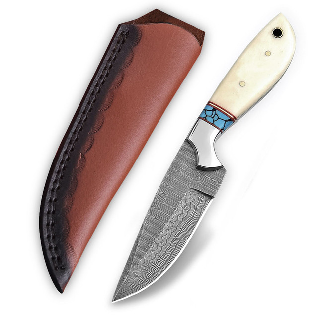 White Deer 8" Damascus Steel Full-Tang Fixed-Blade Skinner Hunting Knife with Camel Bone Handle
