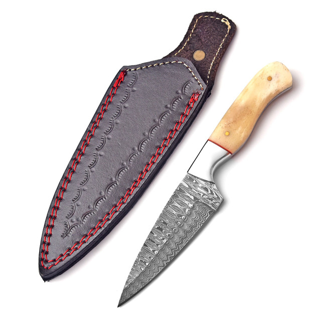 Deer 8" Damascus Steel Full-Tang Fixed-Blade Skinner-Hunting Knife with Camel Bone Handle