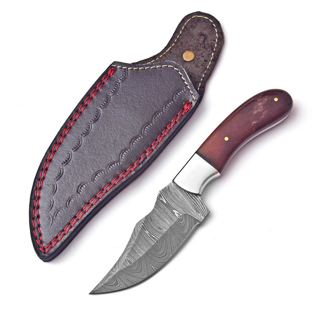 White Deer 8" Damascus Steel Full-Tang Fixed-Blade Skinner-Hunting Knife with Brown WoodHandle