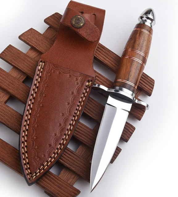 9" Double Edge Fixed Blade Dagger Knife – J2 Steel Blade, Rosewood Handle & Leather Sheath