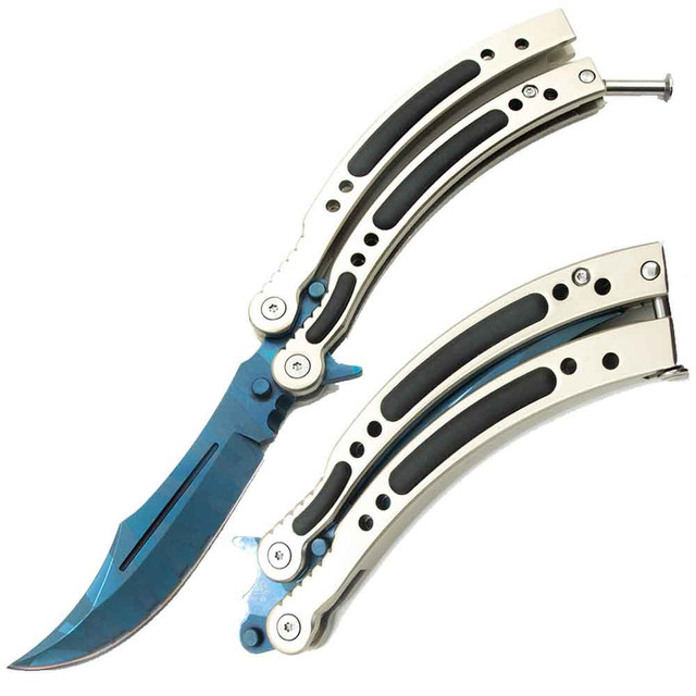 9" Blue Blade Butterfly Knife – Silver & Black Handle Balisong Folding Knife