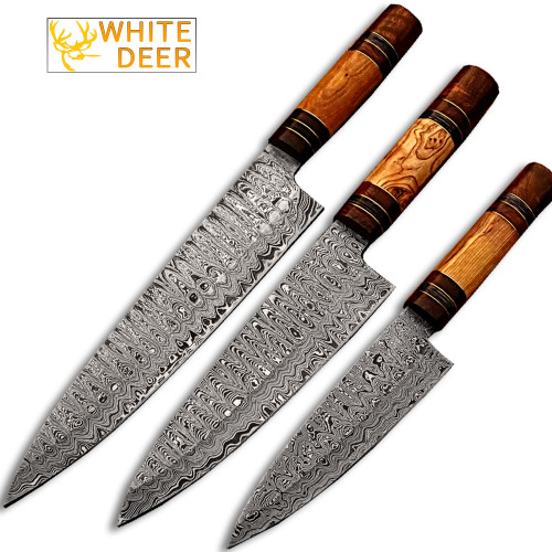 White Deer Custom Made Damascus Chef Knife Set Of 3 Knife Olive