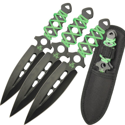 Airborne Biohazard Zombie Throwing Knife Set Black W Hivis Green Trim Edge Import