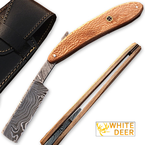 White Handle Razor White Deer Damascus Steel Straight Razor w/ Olive Wood Handle - Edge Import