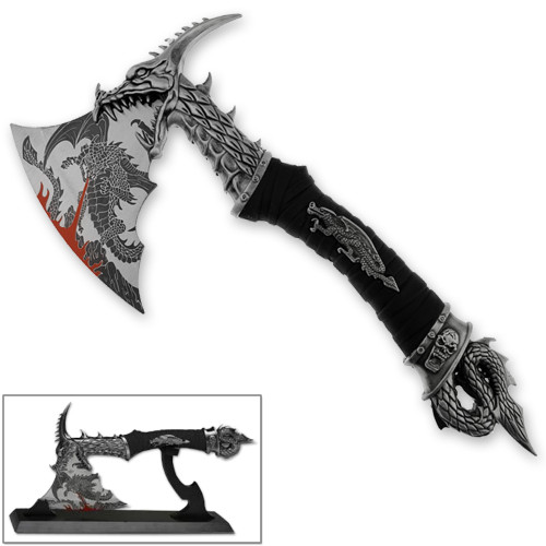 Dragonborn Dovahkiin Ornate Sharp Dragon Axe | 14.5in Wooden Stand