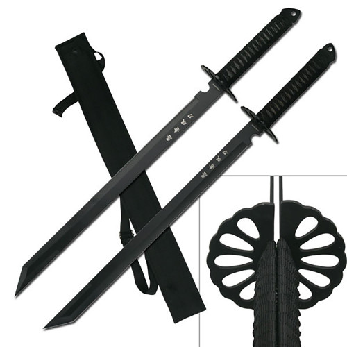Twin Ninja Swords, Two-Piece Set, Black, 28-Inch Overall - Edge Import
