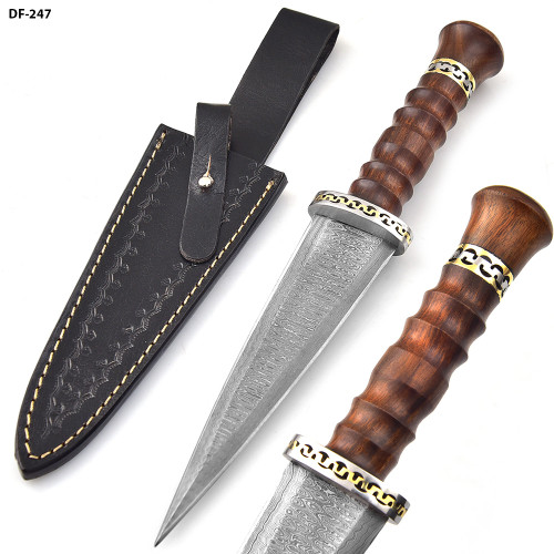 Unique Round Handle Dark Wood Custom Damascus Double Edge Dagger - Edge ...