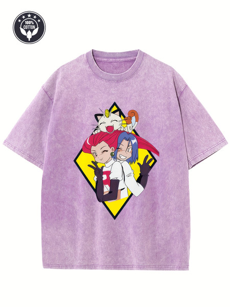 Vintage Creative Pattern Print Happy Trio Washed T-shirt Heavy Thick Basic T-shirt 230g Pure Cotton Drop Retro Street T-shirt Loose Hip-hop Unisex Top T-shirt Made Of High-quality Fabrics, Sweat-absorbent And Breathable