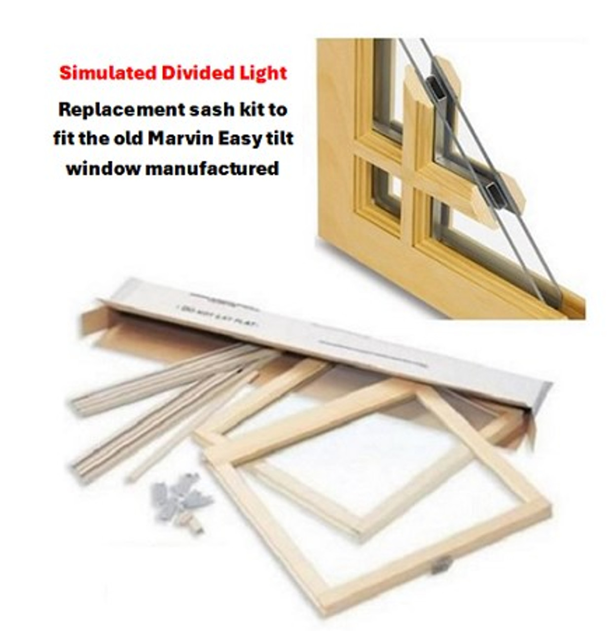 Double Hung sash kit to  fit old Marvin "Easy Tilt"  DH mfg 1980-1999: SO = 35 9/16wx58h, IG glass, 7/8''  9 lite QA 7/8'' profiled SDL bars with 5" DLO TOP SASH ONLY,  Stainless spacer, Brz hdwr, NOTE:  liners to be 2'' longer for field trimming  Double Hung sash kit to  fit old Marvin "Easy Tilt"  DH mfg 1980-1999: SO = 35 9/16wx58h, IG glass, 7/8''  9 lite QA 7/8'' profiled SDL bars with 5" DLO TOP SASH ONLY,  Stainless spacer, Brz hdwr, NOTE:  liners to be 2'' longer for field trimming