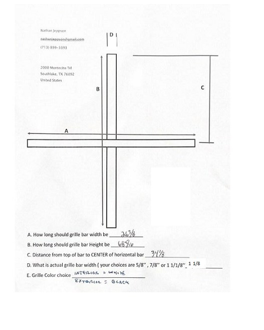 Custom Replascment SDL bars Only: 2wide x wide x 2high per attached picture  Bars to be prime wood contour interior and black clad exterior: Measurements to be: A= 26 3/8, B= 68 5/16, C= 34 1/8, D= 1 1/8: NOte bars are not exact as old Shelter. 