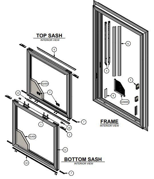 BOTTOM SASH ONLY:  for the Windsor Signiture Next Demension series Vinyl double hung manufactured 2006, low-e272 glass, silver spacer, inside visible glass 17w x 14h 